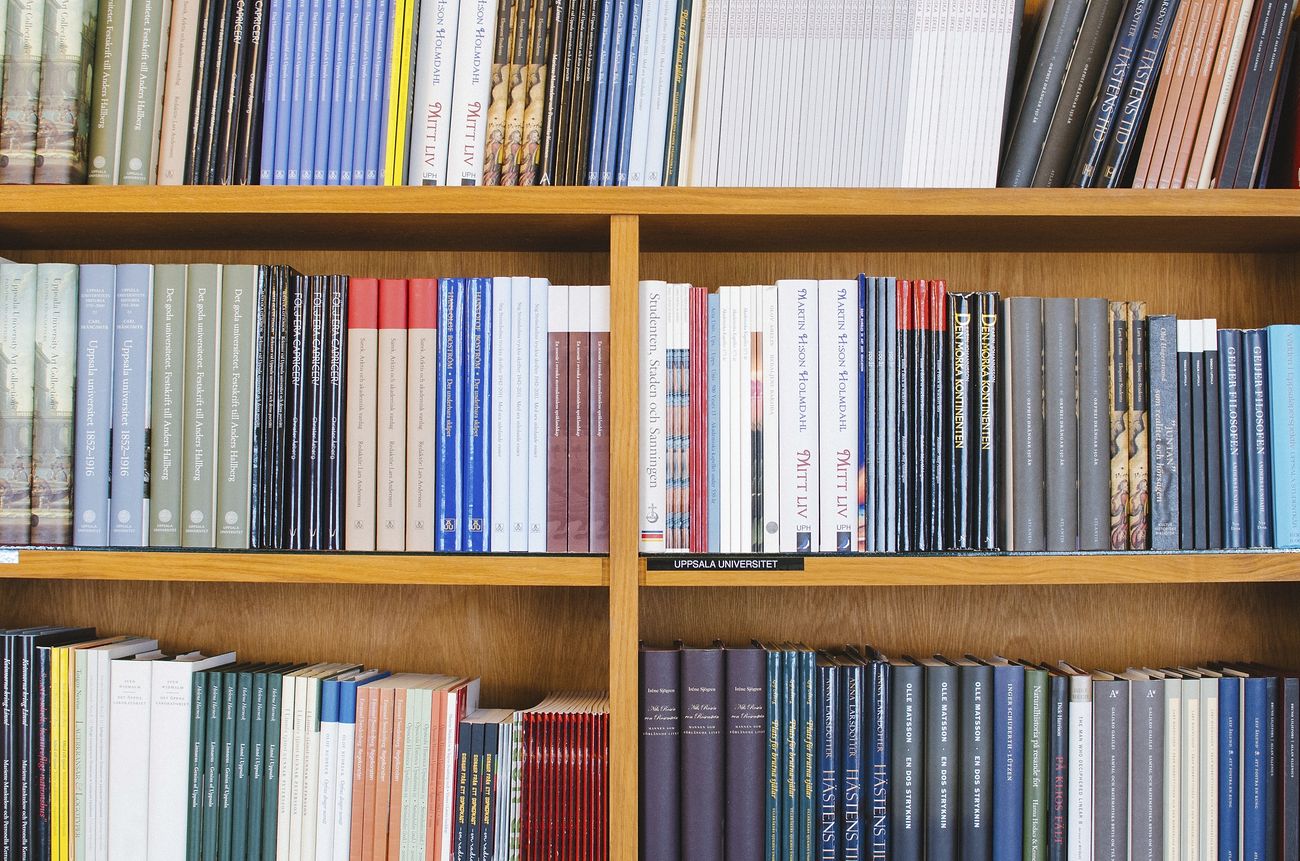 Bookshelf at a library with four